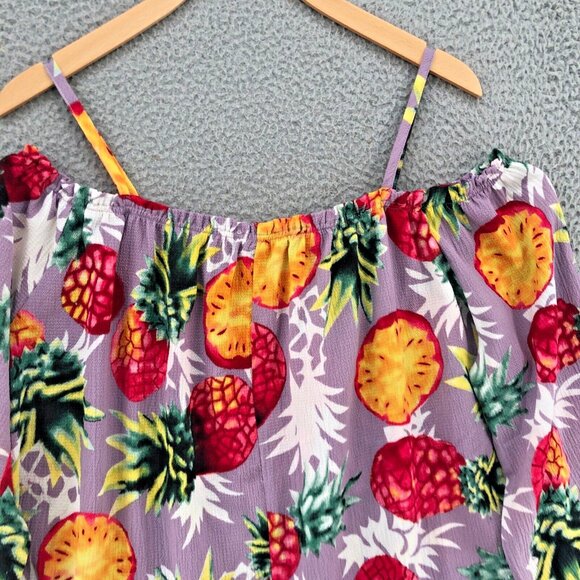 Entro Top Women Medium Purple Multi Pineapple Off Shoulder Crepe Tropical Blouse - Picture 4 of 10